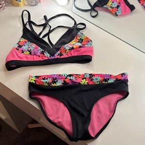Justice Kids Swim Bikini - Black and Pink Floral